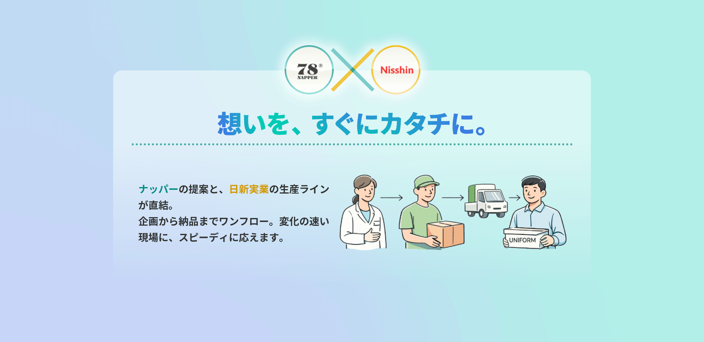 想いを、すぐカタチに。 ナッパーの提案と、日新実業の生産ラインが直結。企画から納品までワンフロー。変化の速い現場に、スピーディに応えます。